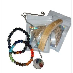 Multicolor Beaded Bracelet Necklace Set Chakra Palo Santo White Sage Crystals